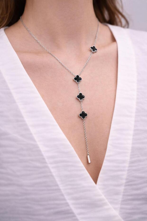 Çelik Yonca Sarkıt Kolye - 3