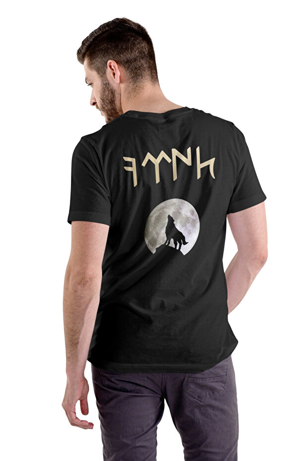 Bozkurt Kurt Ay Printed T-Shirt with Gökturk Writing Black Unisex Back Printed Tshirt