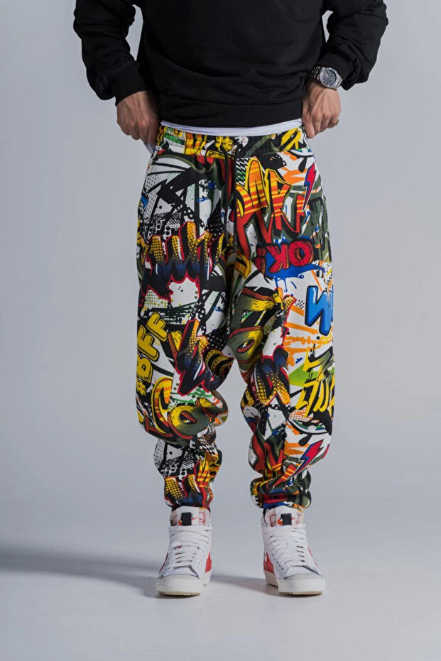 بنطلون شالوار منقوش بخصر مطاطي - 1