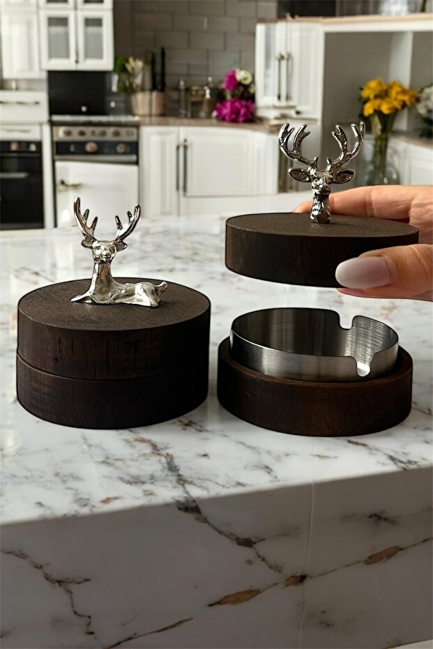Set of 2 Wooden Deer Figurine Ashtrays with Lid, Decorative Ashtray with Metal Inner Bowl, Table Ashtray, Dark Silver Deerly2