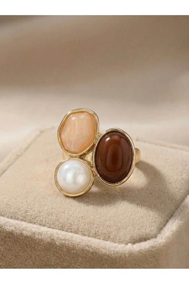 Beige Brown Pearl Look Stone Gold Women's Ring | Special Boxed
