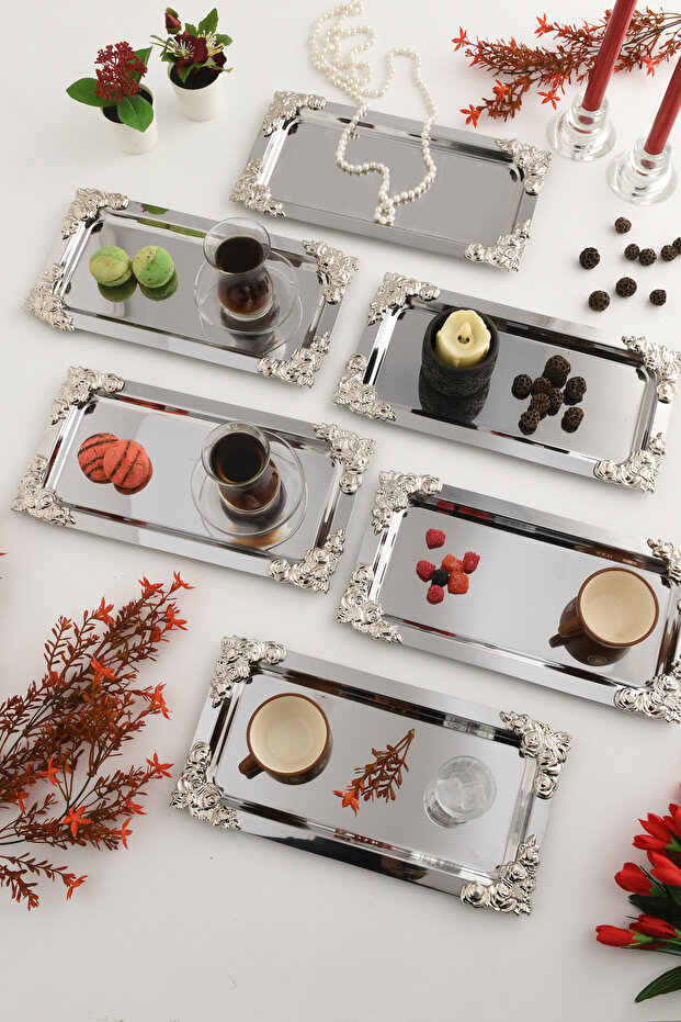 Molisi Silver 6-Piece Silver Decorative Detailed Boat-Shaped Coffee Serving Tray Service Tea Tray Decorative Tray