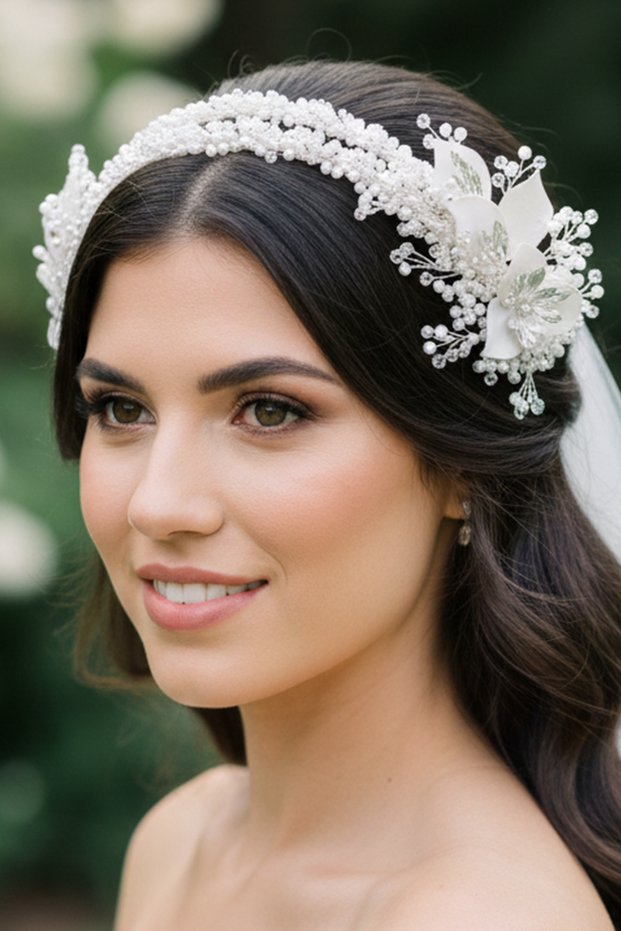 Bridal Crown Pearl and Crystal Beaded Flower Detailed Bridal Hair Accessory Engagement Crown