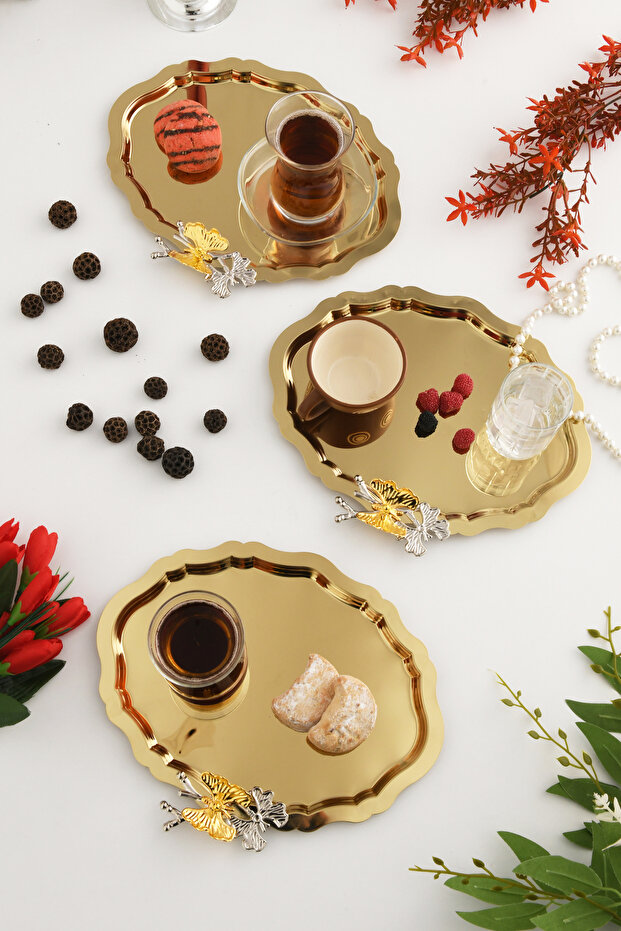 Keveldi Gold 3-Piece Butterfly Detailed Oval Coffee Presentation Tray Serving Tea Tray Decorative Tray