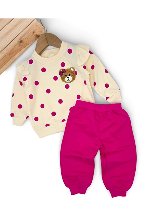 Baby Girl Polka Dot Teddy Bear Embroidered Thin m Transitional 1-2-3 Years Old Lower Top Set