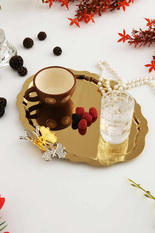 Keveldi Gold Butterfly Detailed Oval Coffee Presentation Tray Serving Tea Tray Decorative Tray
