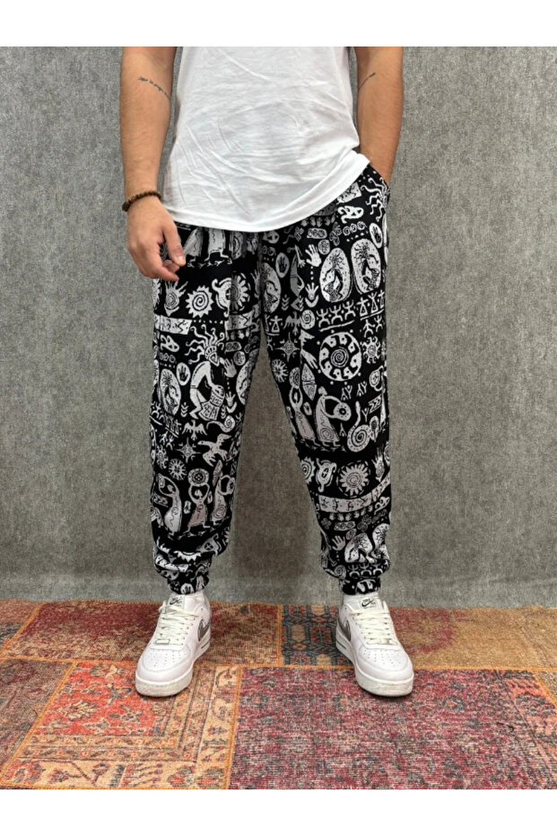 بنطلون نصف شالوار مطوي ومزين بنمط مع خصر مطاطي - 1