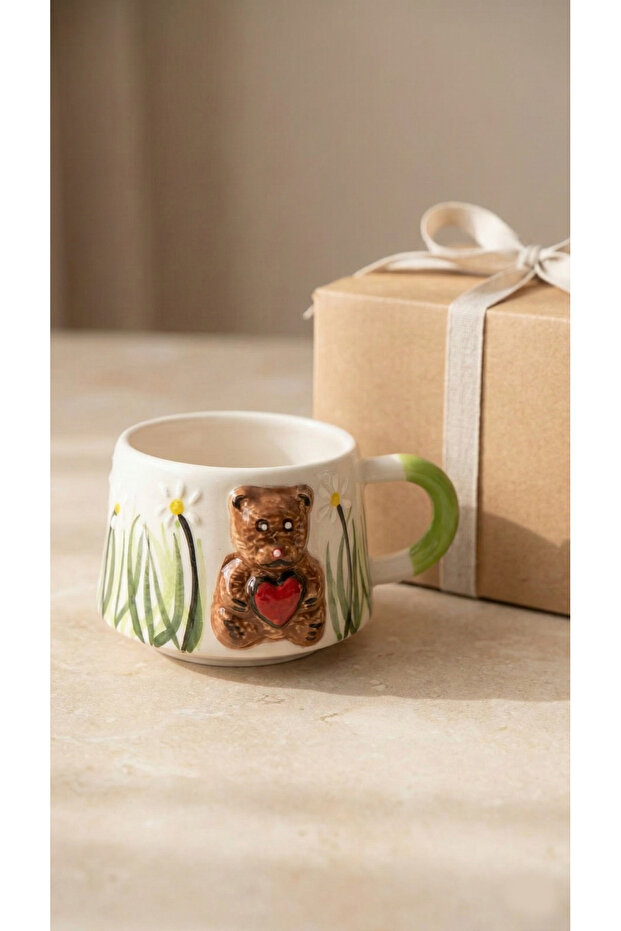 Zera Embossed Teddy Bear Heart Handmade Ceramic Mug – Special Design for Gifts