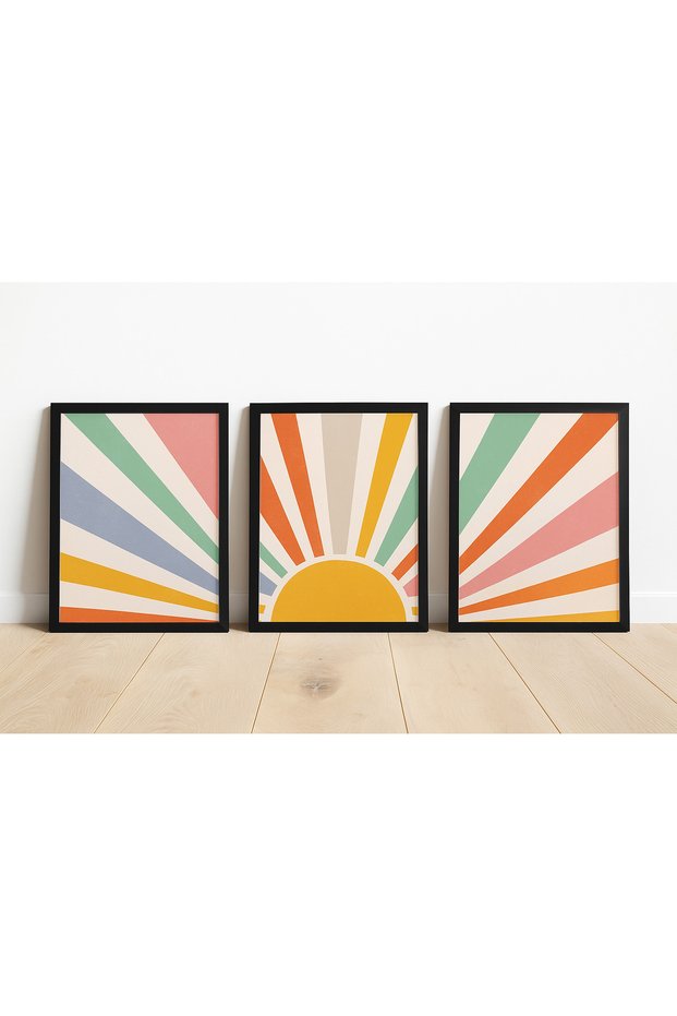 Laminated Framed Pvc Protected Uv Printing 3-Piece Colorful Sun Pattern Wall Painting Modern Wall Decor