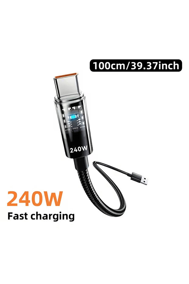 كابل شحن ونقل بيانات شفاف ومضيء USB إلى Type-C - دعم 240 واط