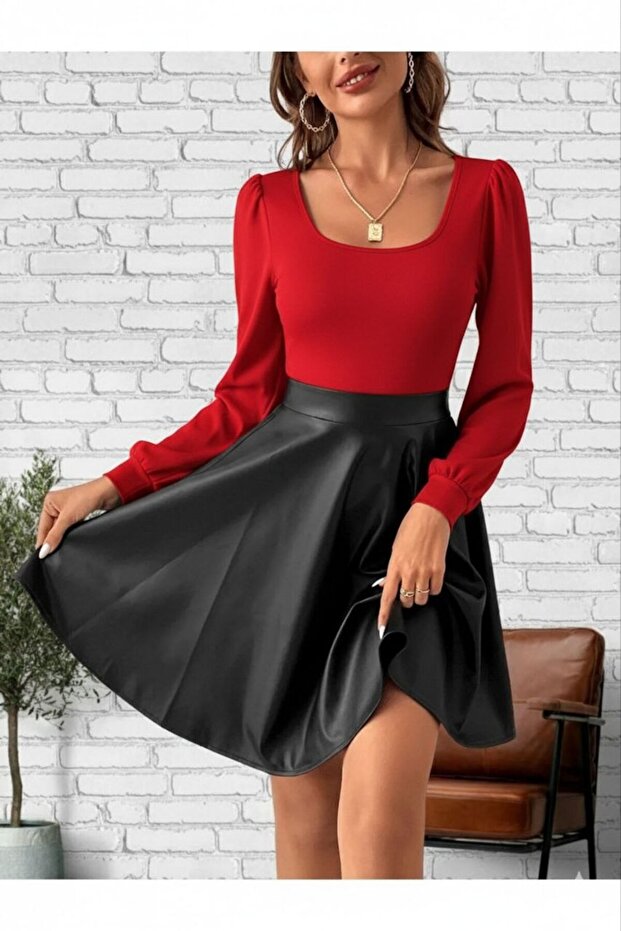 Deri Etekli Elbise - 1