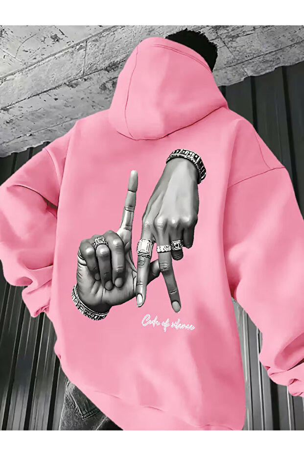 Unisex Oversize Hoodie with Hand Figure Printed Hooded Streetwear Sweatshirt Pink