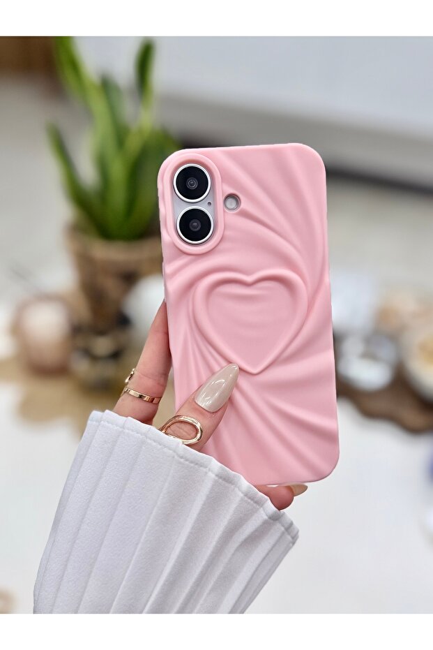 iPhone 17 Compatible 3D Matte Satin Heart Embossed Patterned Anti-Shock Silicone Case