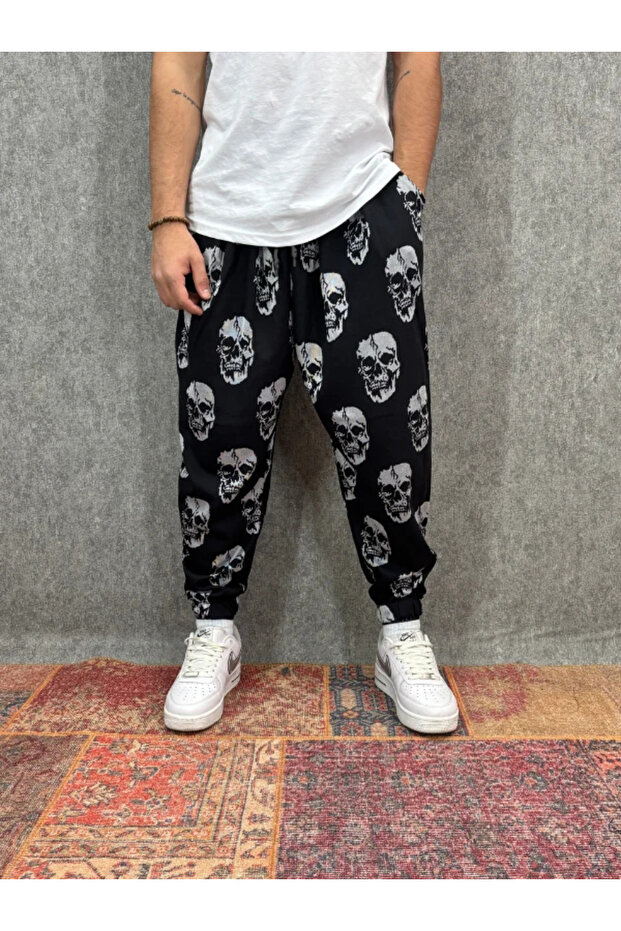 بنطلون شالوار مطوي ومزين بنمط مع خصر مطاطي - 1