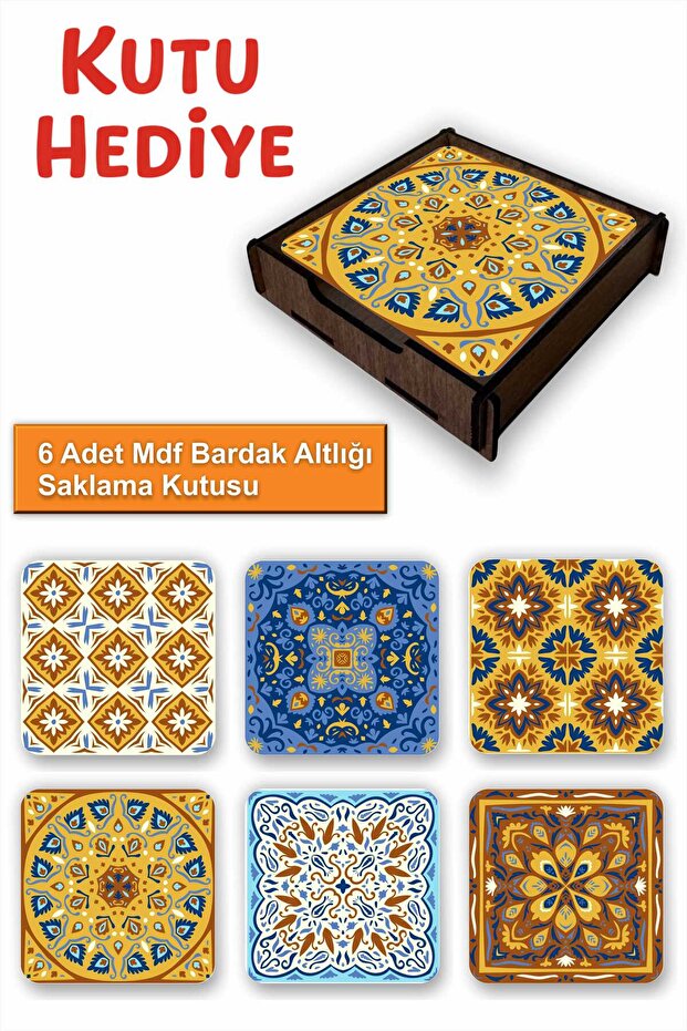 طقم من 6 قطع من حاملات الأكواب المصنوعة من الخشب المضغوط (MDF) بنمط البلاط |   تصميم فن البوب الملون |   هدية في صندوق خشبي