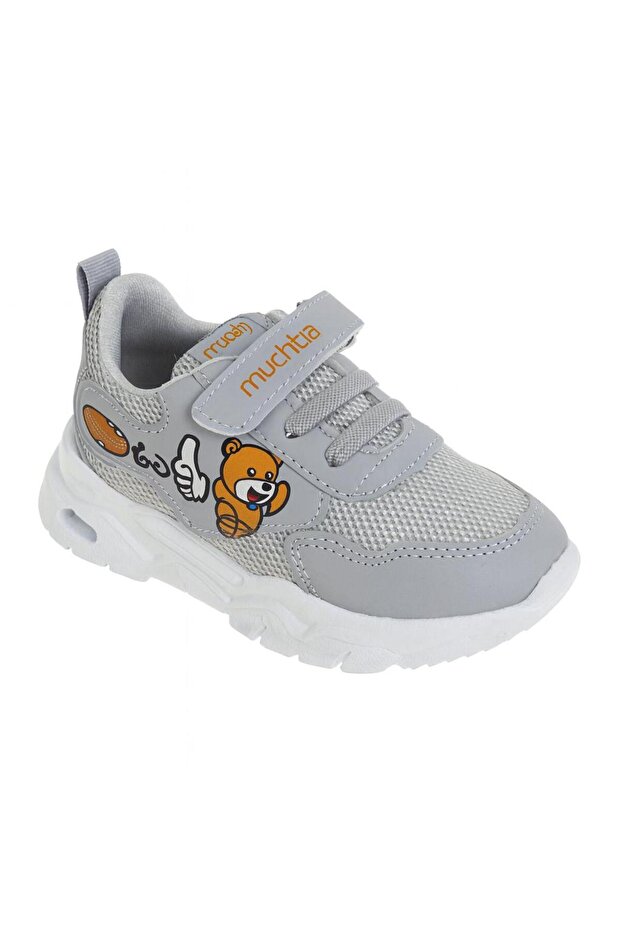 Children's Gray Sports Shoes – Cute Bear Pattern Sneaker with Velcro Fasteners
