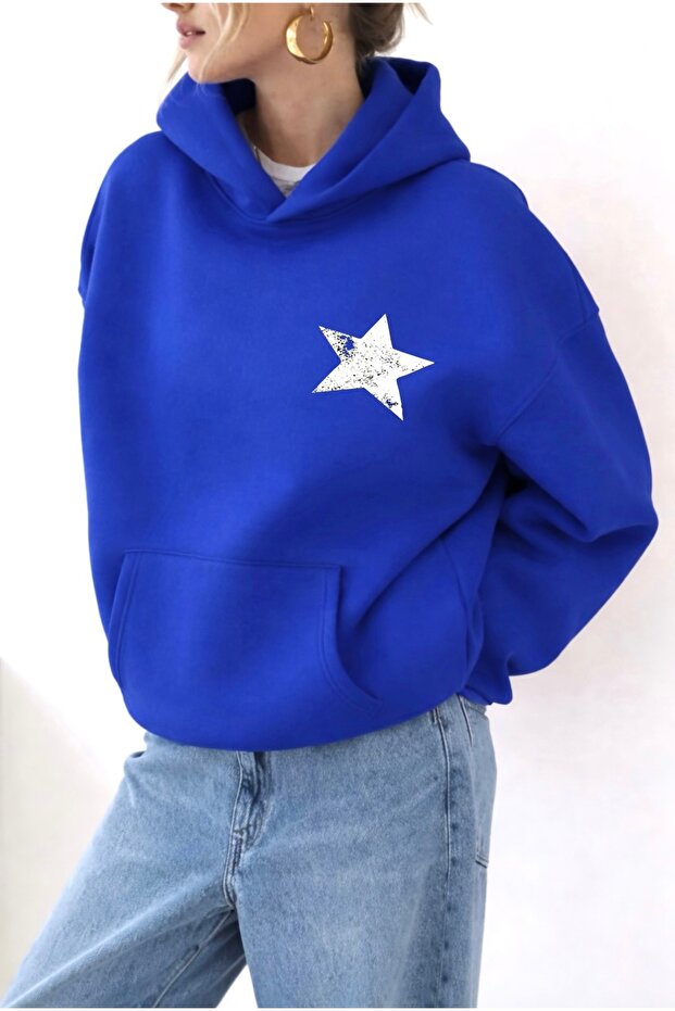 YILDIZ BASKILI OVERSİZE KAPÜŞONLU SWEATSHİRT - 1