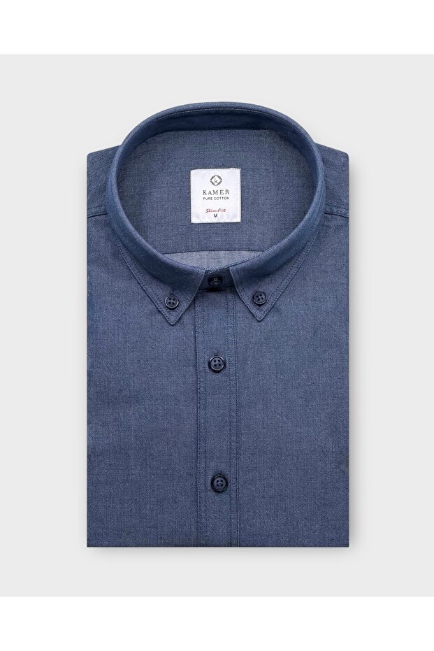 Slim Fit Long Sleeve Buttoned Collar Washed Solid Blue Shirt 2411Kma