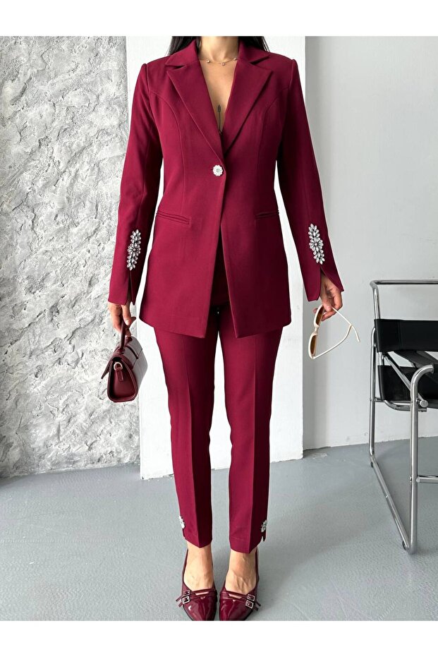 Women's Double Set Stone Detailed Pipe Leg Blazer Jacket Pants Set