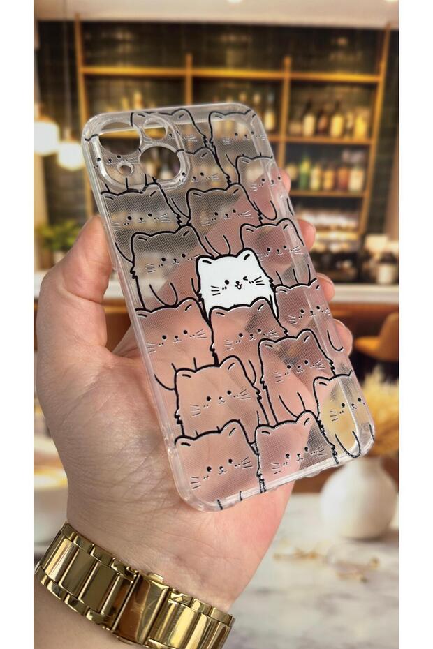 iPhone 13 Compatible Manycat Patterned Transparent Shock-Absorbing Camera Protected Clear Case - 3