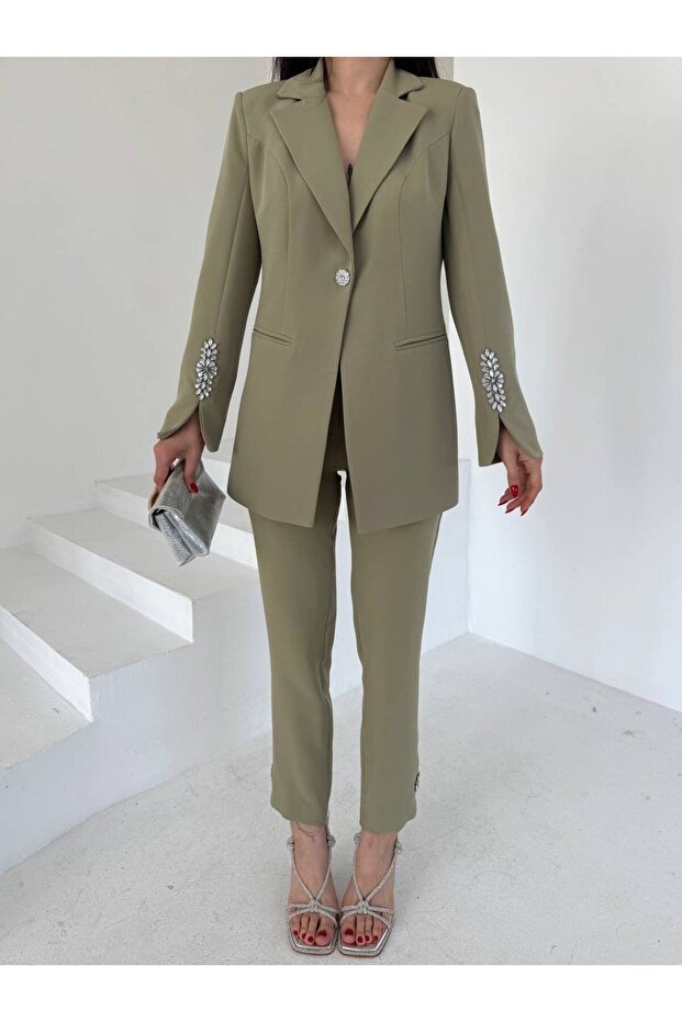 Women's Double Set Stone Detailed Pipe Leg Blazer Jacket Pants Set