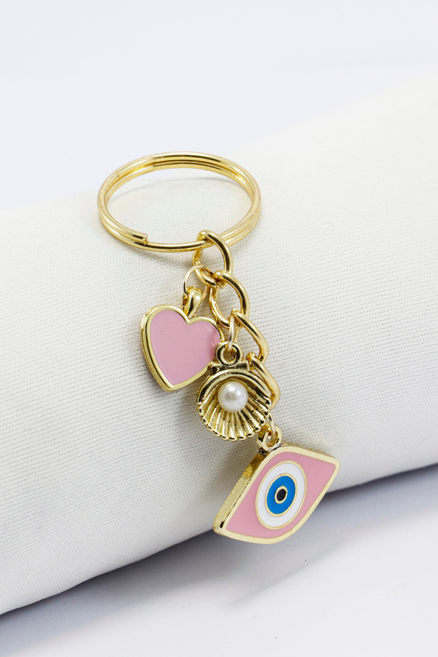 Pink Evil Eye Bead Gold Pink Metal Heart Small Keychain, Tiny Bag Ornament