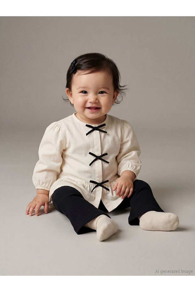 Ecru Crew Neck Bow Detailed Baby Girl Shirt