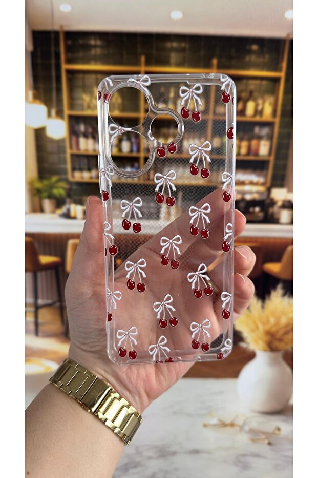 Redmi 13 Compatible Cherry Pattern Transparent Shock-Absorbing Camera Protected Clear Case - 2