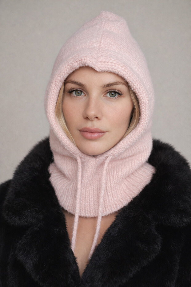 Balaklava Pink Angora Wool Beanie Hat with Neck Collar Thick - Lace-Up Hat Balaclava
