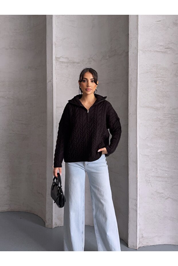 Zippered Half Fisherman's Hair Knit Sweater