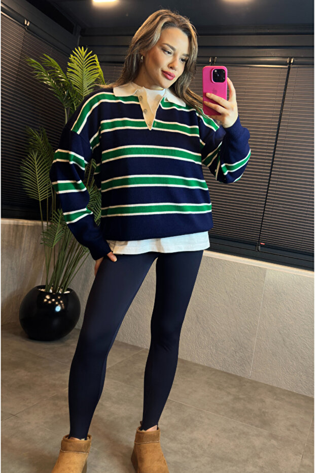 Green-Navy Blue Striped Polo Neck Sweater