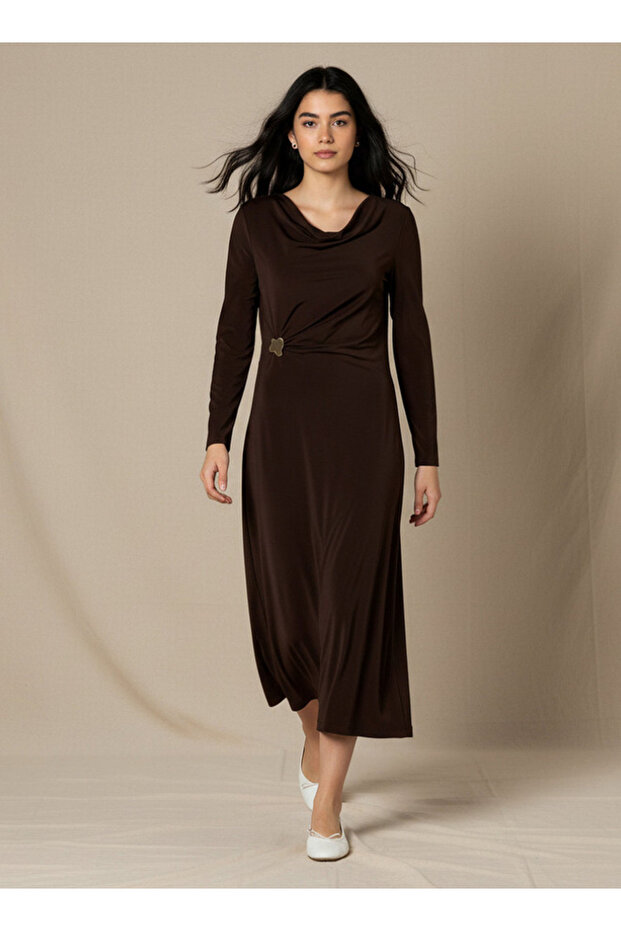 Midi A-line Dress with Cowl Neck