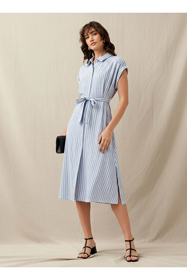 Striped Shirt Women Dress with Belt