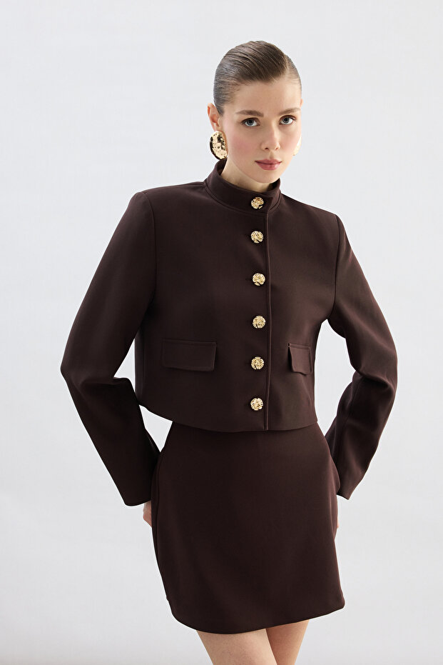 Buttoned Short Jacket - Brown - 4