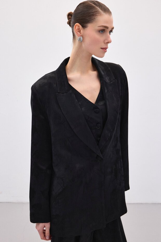 Jachetă lungă jacquard - neagră - 1