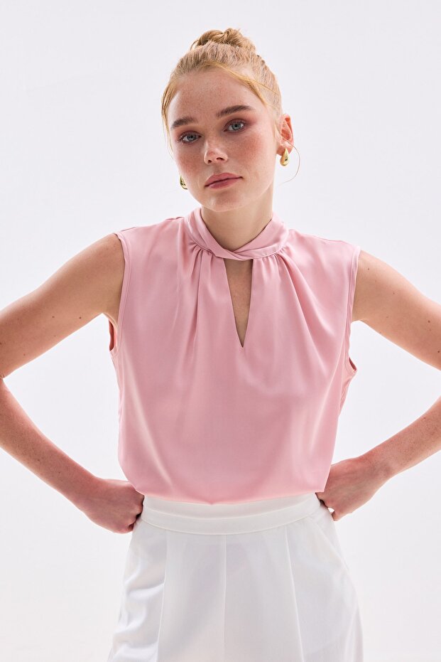 Collar Detailed Satin Blouse - Pink
