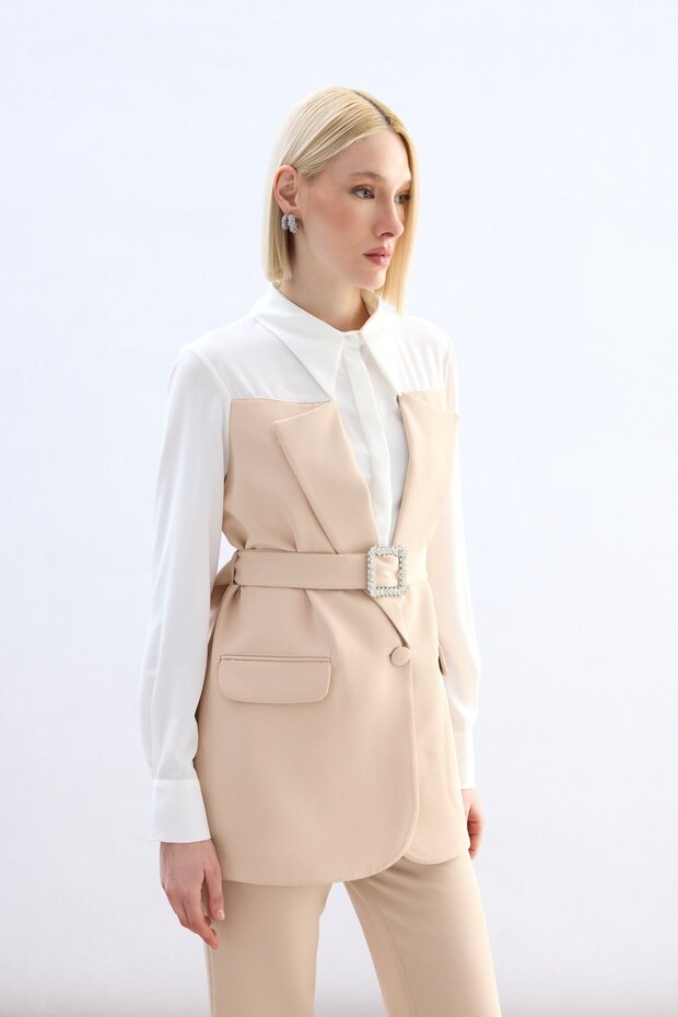 Ceket Görünümlü Gömlek - Bej - 5