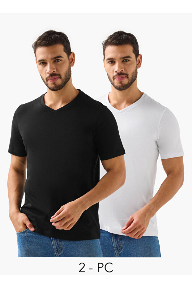 Men Regular Fit V-neck Short Sleeve T-shirt - Set of 2