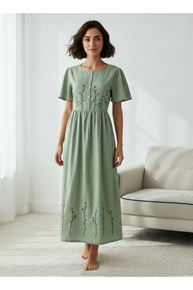 Night Dress Short Sleeves with Floral Embroidery Cotton