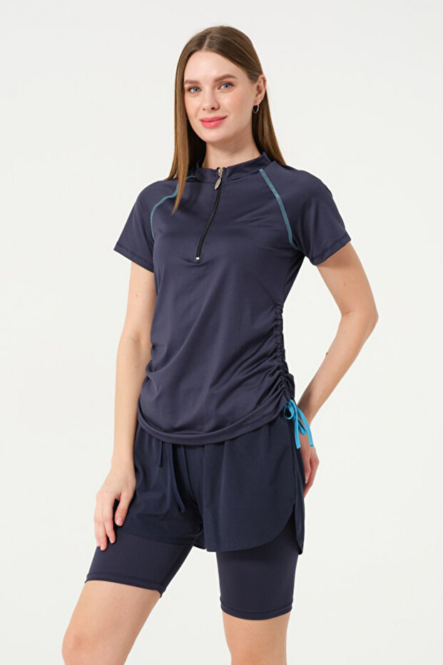 Short Sleeve Half Zipper Shorts Leggings Semi-Closed Swimsuit 24156 Dark Navy01