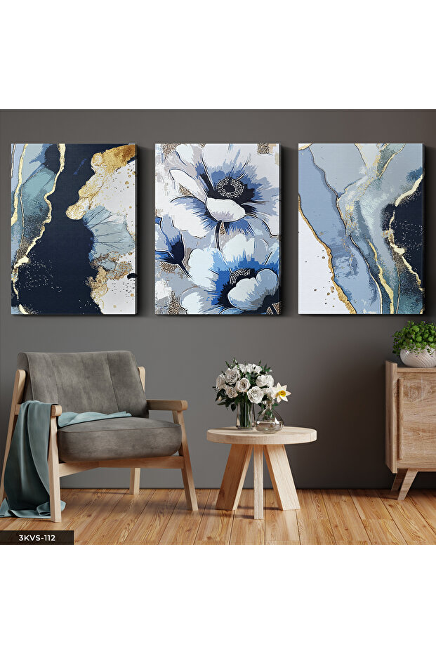 Blue Flower and Abstract Art 3 Piece Canvas - Canvas Painting