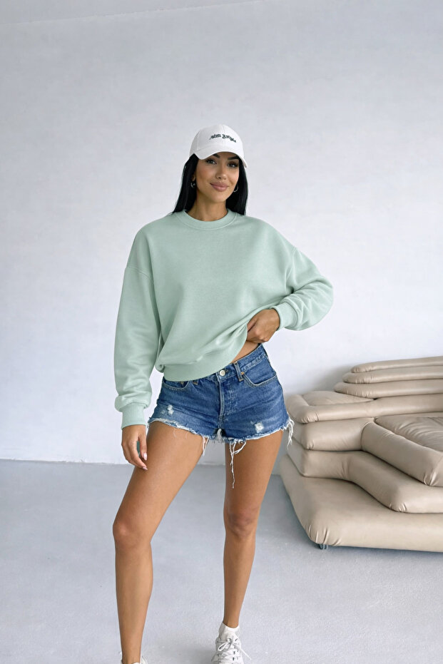 سويت شيرت نسائي من Mint Green 2 Thread O قصة فضفاضة Basic