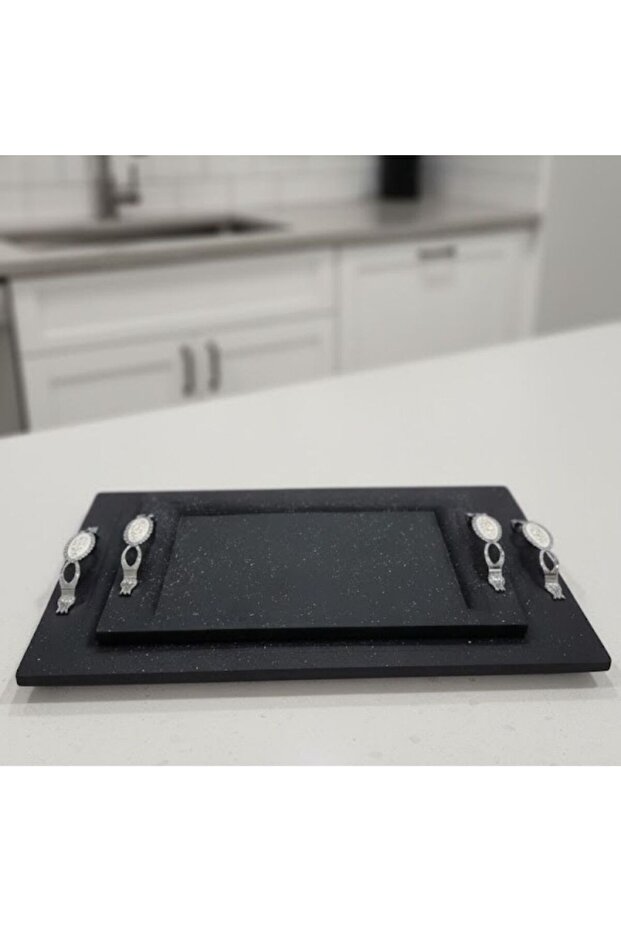 Double Granite Coated Steel Tray Set | Black and White Polka Dot 25×35 & 30×45 cm