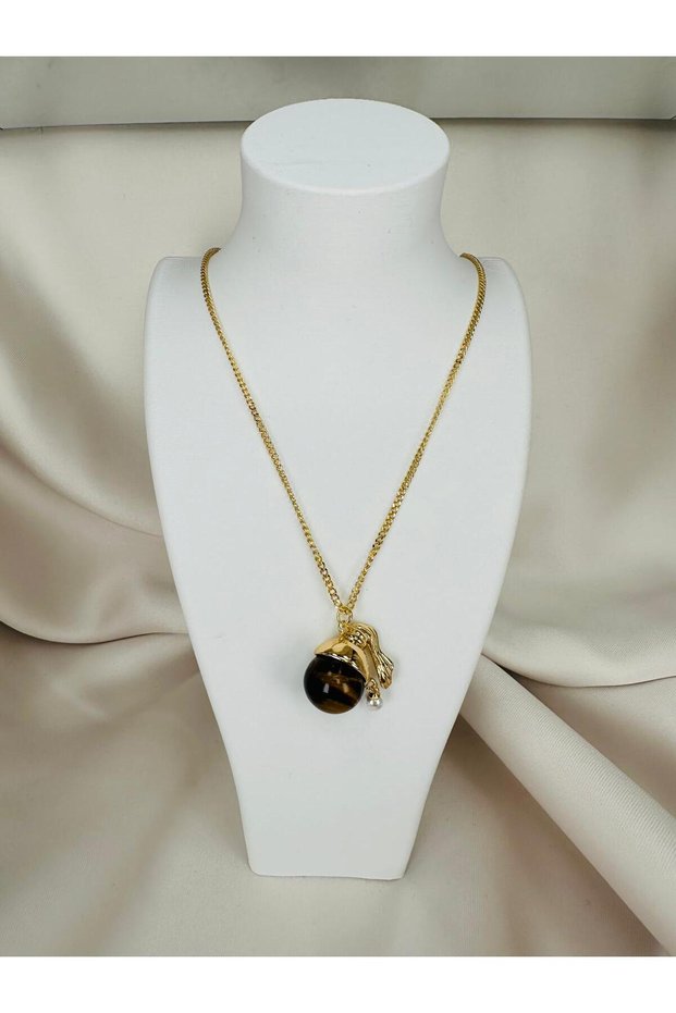 Steel Real Stone Tiger Eye Detailed Zr Model Necklace