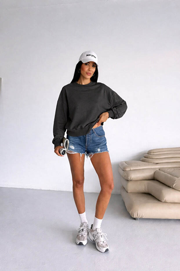 Women's Anthracite Gray 2 Thread O Oversized Basic Sweatshirt
