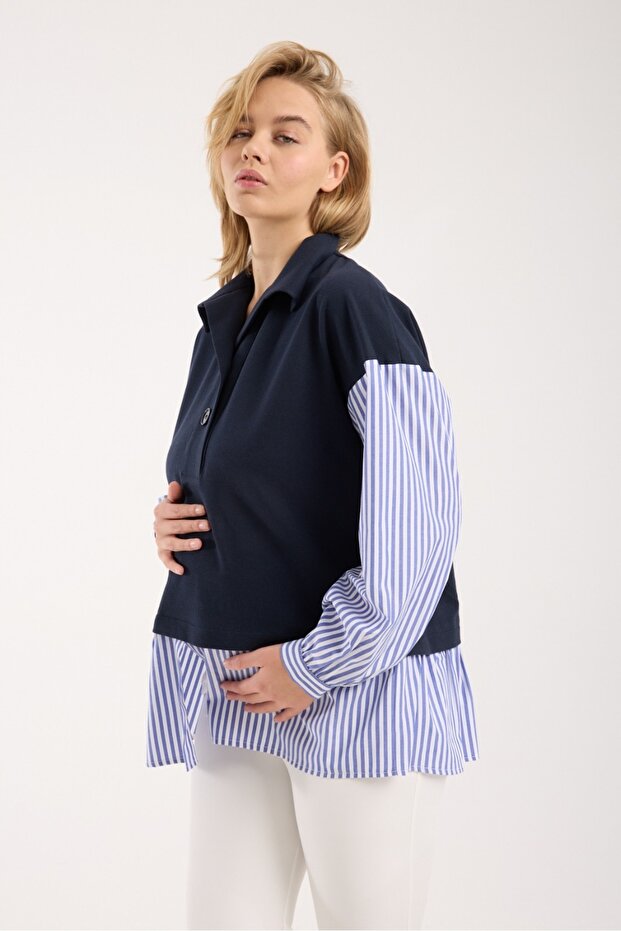 HAMİLE GÖMLEK YAKA ÖRME ÇİZGİLİ TUNİK - 2