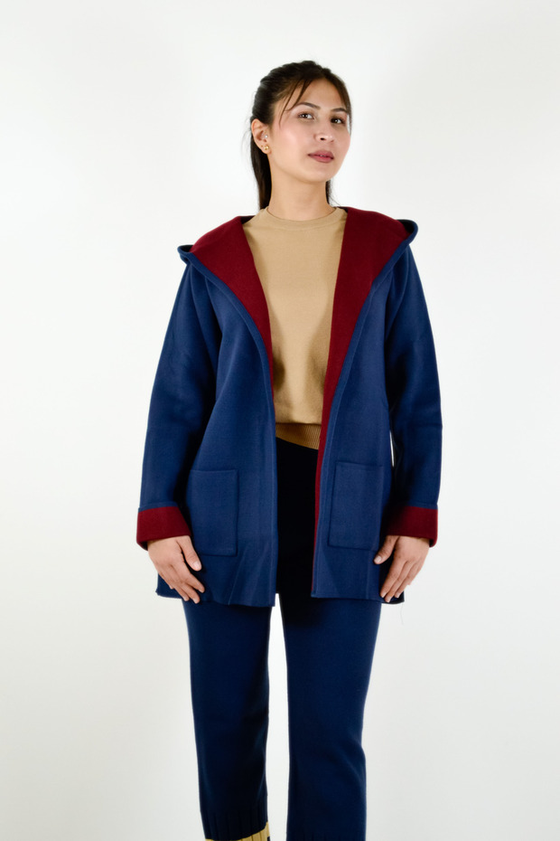 Hooded Pocket Knitwear Cardigan Navy Blue