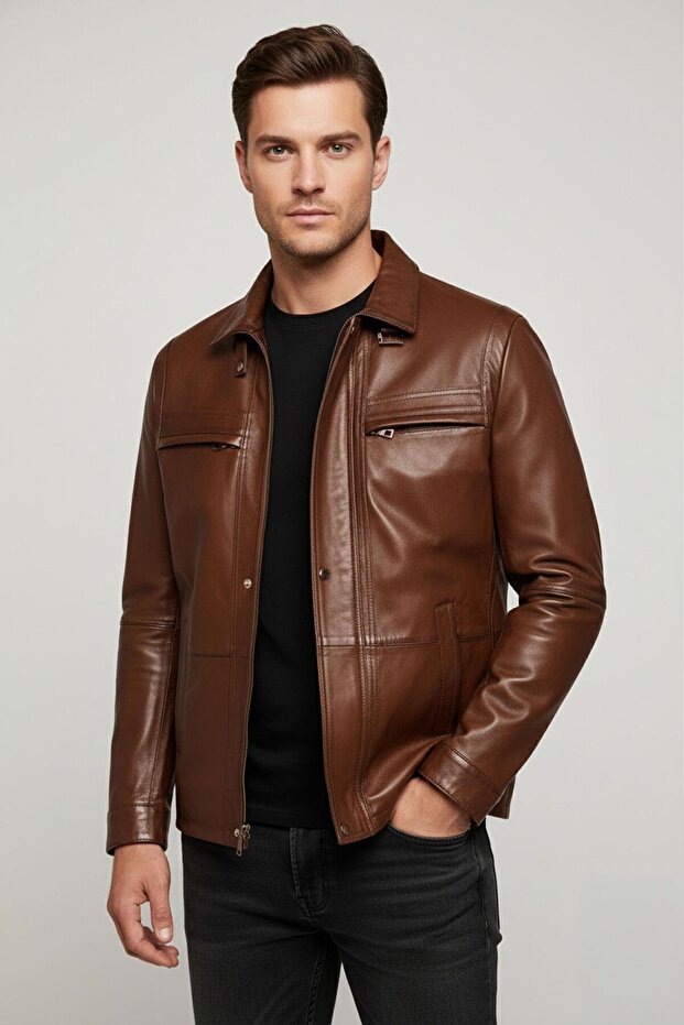 Men's Brown Genuine Leather Mock Neck Jacket