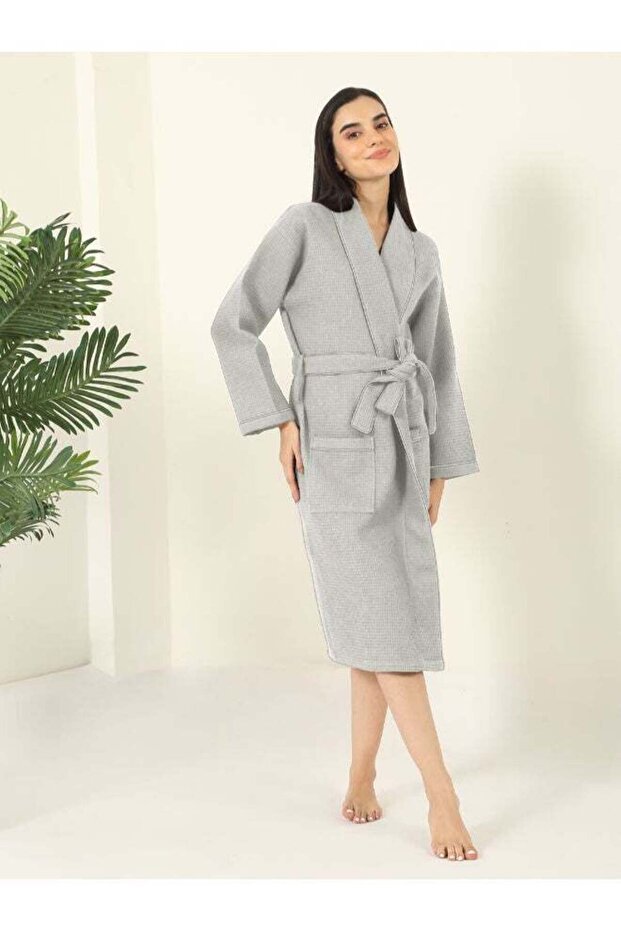 100% Cotton -Waffle Lux Solid Bath Robe - Light Grey