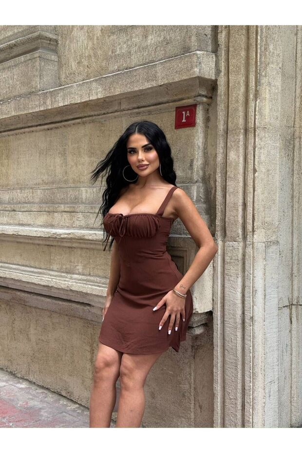 Women's Brown Thick Strap Chest Tie Mini Dress Yel221699